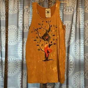 No Time.Acid washed mustard yellow tank yoga tree pose with tree.